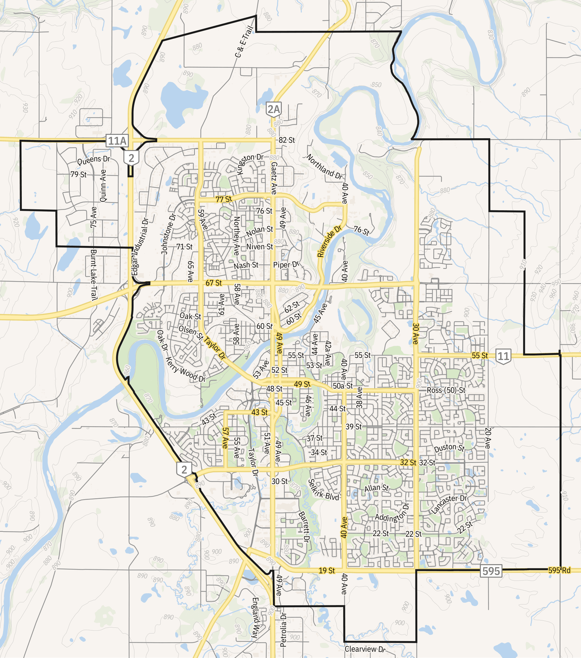 Street map of Red Deer showing the city boundary, major roads, and Red Deer River